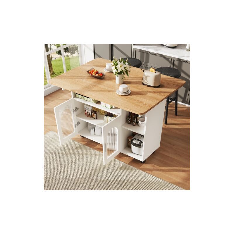 Okwish – Desserte de cuisine 120x30x79.5cm – MDF blanc avec grain de bois – Pliant avec roulettes – 2 étagères ouvertes et fermées Okwish – Desserte de cuisine 120x30x79.5cm – MDF blanc avec grain de bois – Pliant avec roulettes – 2 étagères ouvertes et fermées