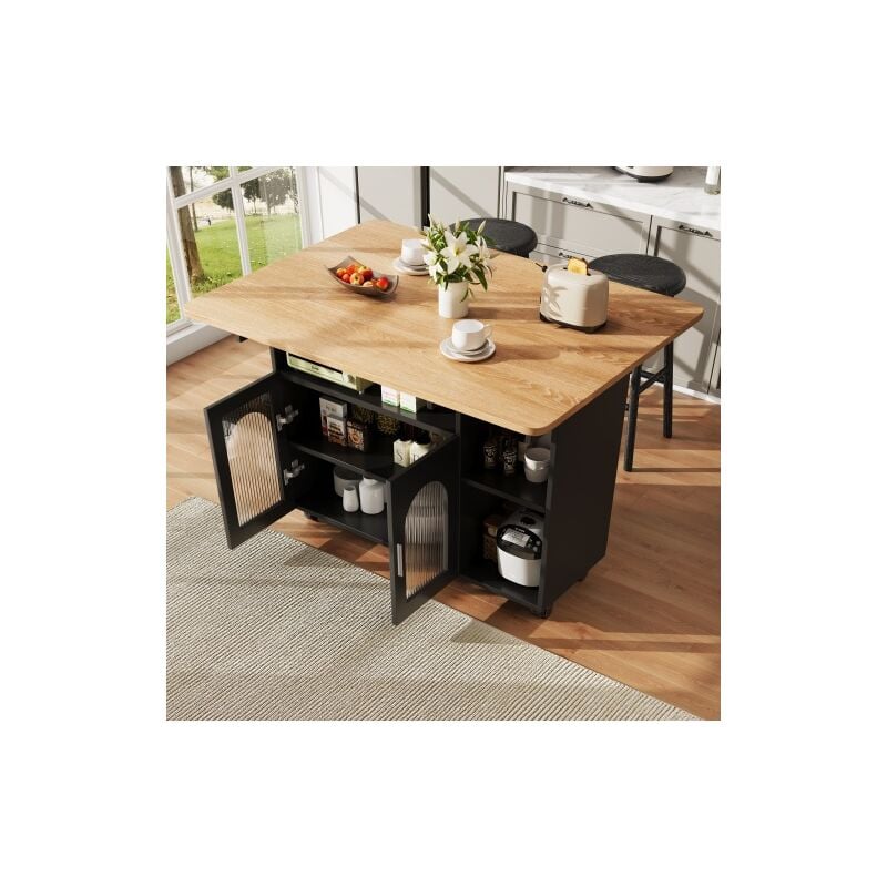 Okwish - Desserte de cuisine, armoire de cuisine, chariot de service amovible, armoire de buffet avec grain de bois et espace de rangement, noir