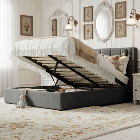 Lit double 140x190 avec rangement, lit coffre recharge et 2 liseuse intégrées - Tissu flannel doux, sommier à lattes - Gris