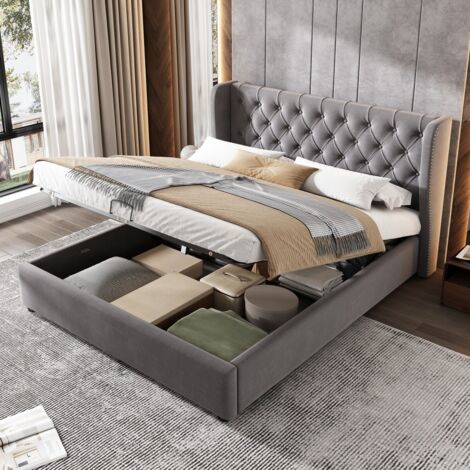 Lit double 140x190 avec tête de lit velours gris et rangements hydrauliques - Sommier lattes inclus (sans Matelas)