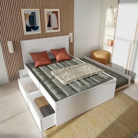 Lit gigogne 140x190 cm avec tiroir-lit 90x190 cm – Chevet intégré avec 2 tiroirs – Structure en panneau de particules – Finition blanche – Weber Industries