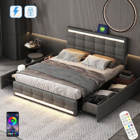 Lit double 140x190 cm, avec 4 tiroirs, éclairage LED, USB fonction de charge, sommier à lattes, cadre en métal, lit capitonné en lin - Gris