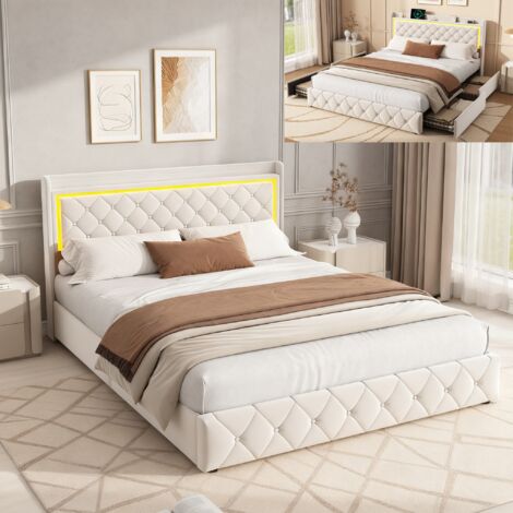 Lit double 140x190 cm avec 4 tiroirs, Lit 140x190 avec sommier LED et USB, Lit adulte avec tête de lit capitonné, Tissu en velours, Beige