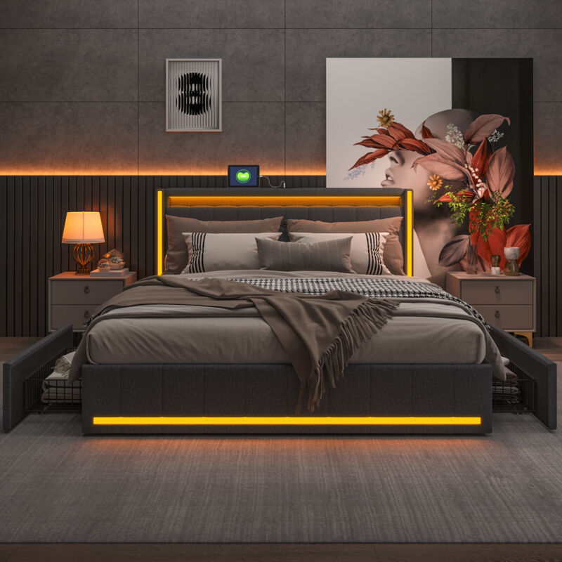 Lit double 140x190 cm avec 4 tiroirs, Tête de lit capitonné avec LED et USB, cadre de lit 140x190 avec sommier à lattes, lin, gris