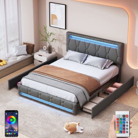 Lit Double 140x200 Lit Double 160x200 Cm Avec Sommier à Lattes, Tête De Lit Avec LED Et Lit 140x200 Avec Rangement