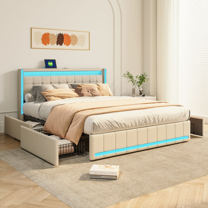 Lit double 180x200 cm, avec quatre tiroirs, Tête de lit avec rangementavec LED réglable et USB intégré, sommier à lattes, structure en métal, lin,