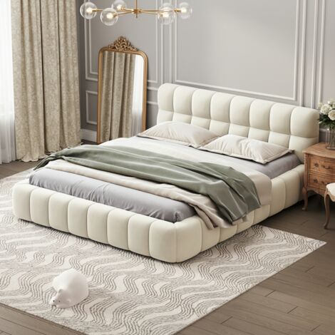 Lit double 140x190 cm - avec tête de lit capitonnée, sommier à lattes et bords rembourrés, lin, style classique - beige