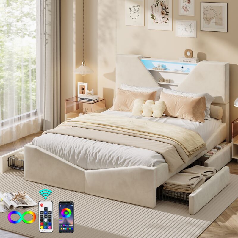 Lit double 160x200 cm, avec tête de lit triangle innovante, 4 tiroirs, éclairage LED ajustable, tissu velours, design moderne et épuré, lit 160x200