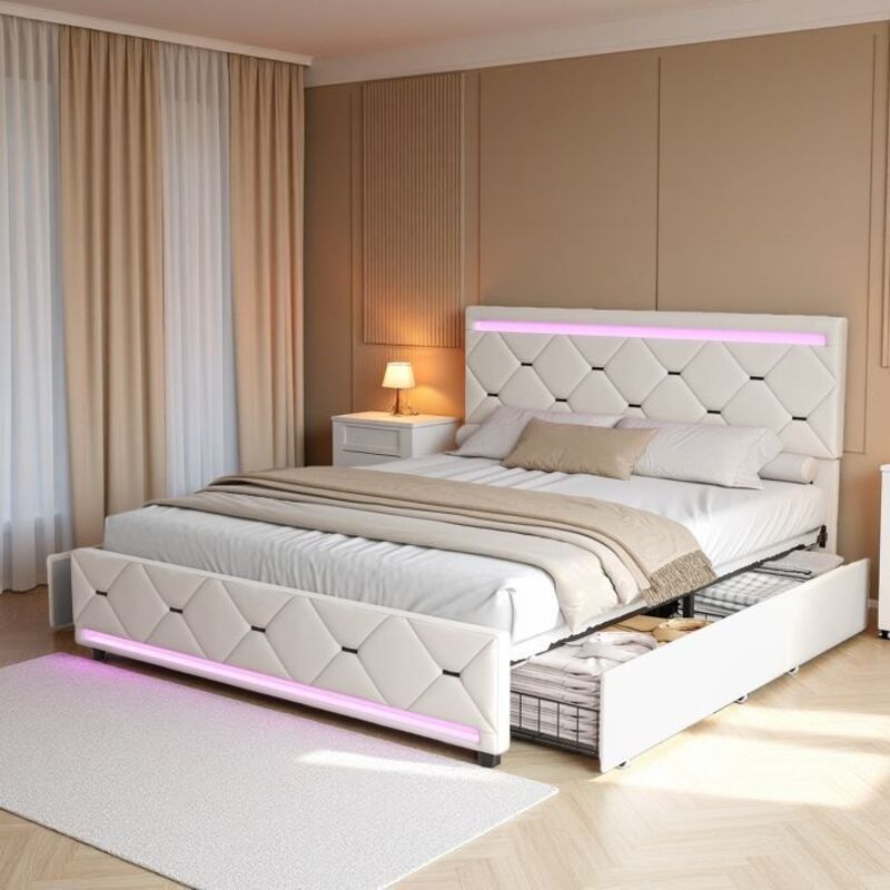 Lit Double 140x190 cm - Velours Blanc - 4 Tiroirs - Bandes LED RGB - Ports USB/Type-C