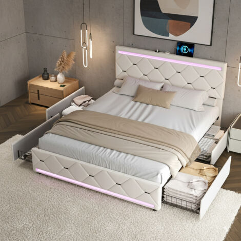 Lit double 140x190 cm, cadre de lits avec 4 tiroirs et sommier à lattes, tête de lit LED avec compartiment de rangement et 2 USB, lits capitonné pour adolescents, beige