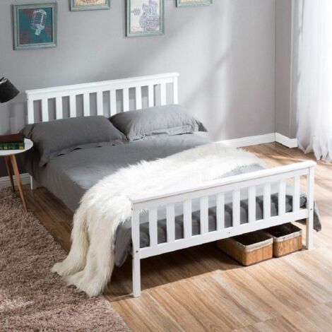 Lit double 140x190 cm - en bois massif - avec tête de lit, sommier à lattes, lit adulte style design campagne - blanc