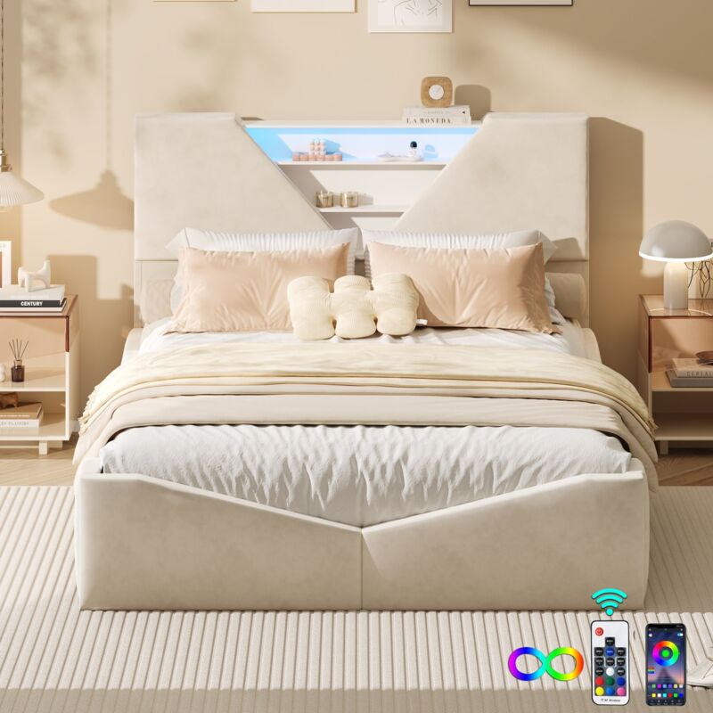 Lit double 140x190 cm - lit avec stockage, avec tête de lit triangle bicolore bordeaux, éclairage LED ajustable, tissu velours, design moderne et