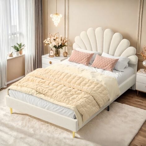 TANANT Lit double 140x190 cm - Lit princesse avec tête de lit en forme de pétale, sommier à lattes, cadre de lit, lit adolescent, velours, Lit adulte rembourré - Beige