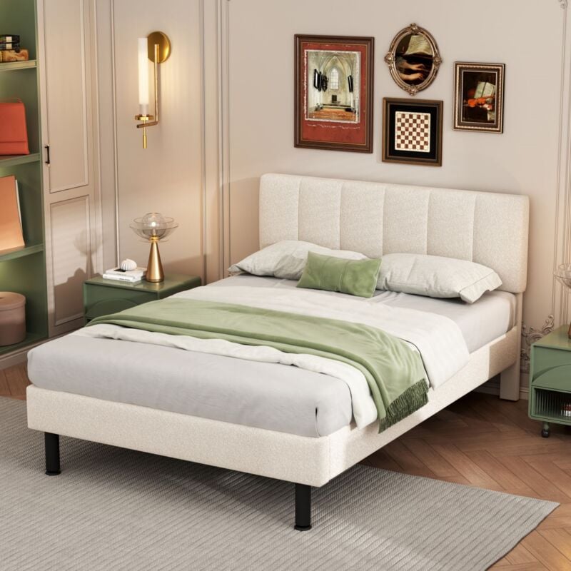 Eifson - Lit double 140x190 cm, tissu sherpa, pieds en fer, sommier à lattes, design minimaliste, adapté aux adultes et adolescents - Beige