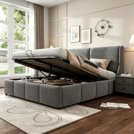 lit double 140x190,  lit adulte avec rangement à vérin hydraulique, cadre de lit, Lit coffre 2 Personnes, Gris, sans matelas, Velours