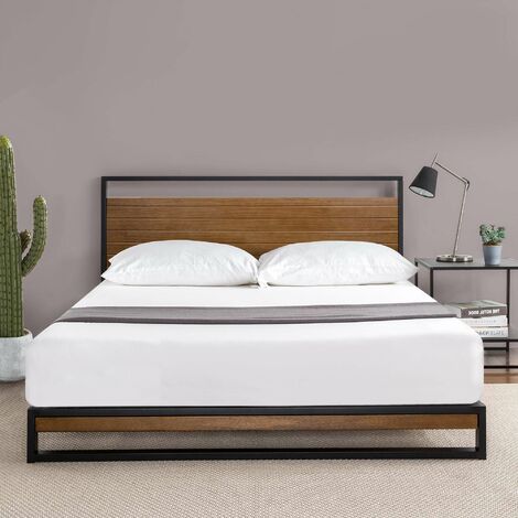 Lit double 140x190 cm avec cadre en métal et tête de lit en bois massif - ZINUS - Noir et naturel bois