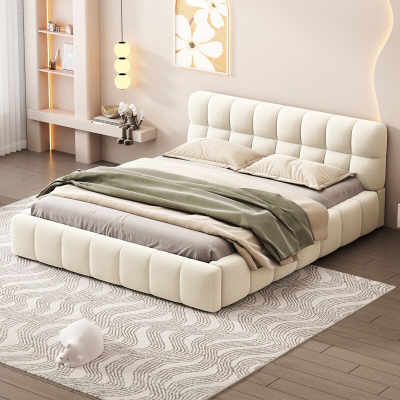 Lit double 140x190 cm, avec tête de lit en forme de guimauve, sommier à lattes en bois, cadre en métal, lit capitonné en coton et lin - Beige