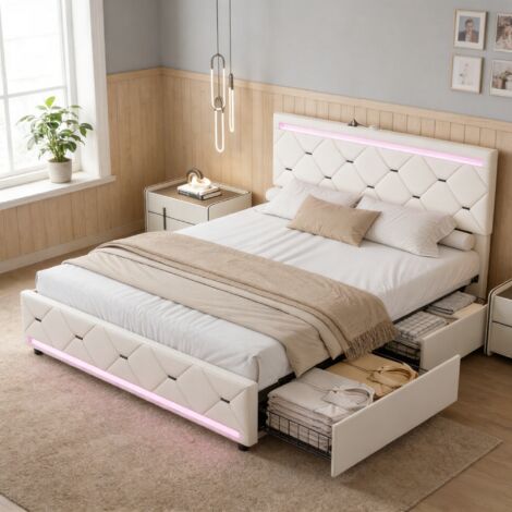 Lit double 140x190cm, Cadre de lit 140x190 avec sommier et 4 tiroirs, Tête de lit rembourré avec LED et 2 USB, Velours, Beige