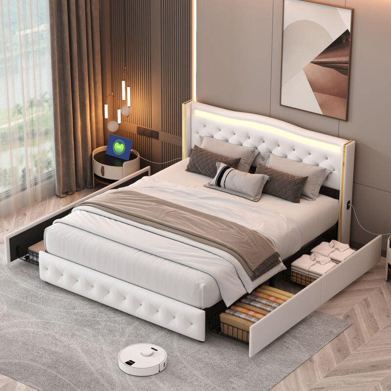 Lit double 140x190cm - Lit adulte avec rivets à tirette, 4 tiroirs, sommier à lattes et tête de lit led avec port usb - cuir Blanc