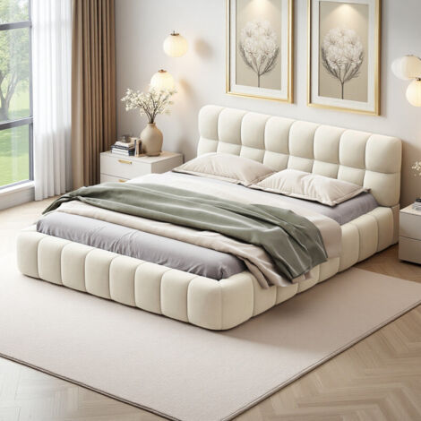 Lit Double 140x190cm, Lit Capitonné140x190cm, Lit de Sol, Lit adulte avec Tête de Lit, Sommier à Lattes, Lin, Beige