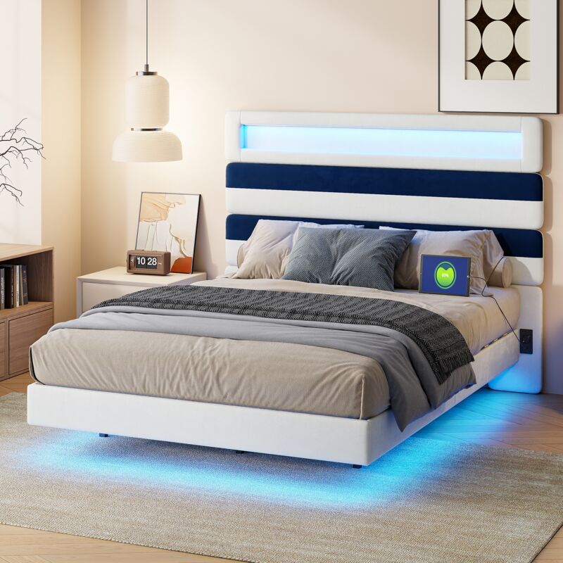 Eifson - Lit double 140x190cm - matière velours, éclairage led + recharge usb, design suspendu, tête de lit rayée, sommier à lattes - Blanc