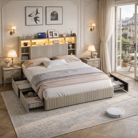 Lit Double 140x200 avec Éclairage LED et Prise USB, Lit capitonné 140x200 avec Étagères Ouvertes et Tête de Lit, Lits 2 Personnes avec 4 tiroirs et Sommier à Lattes, sans Matelas, Beige