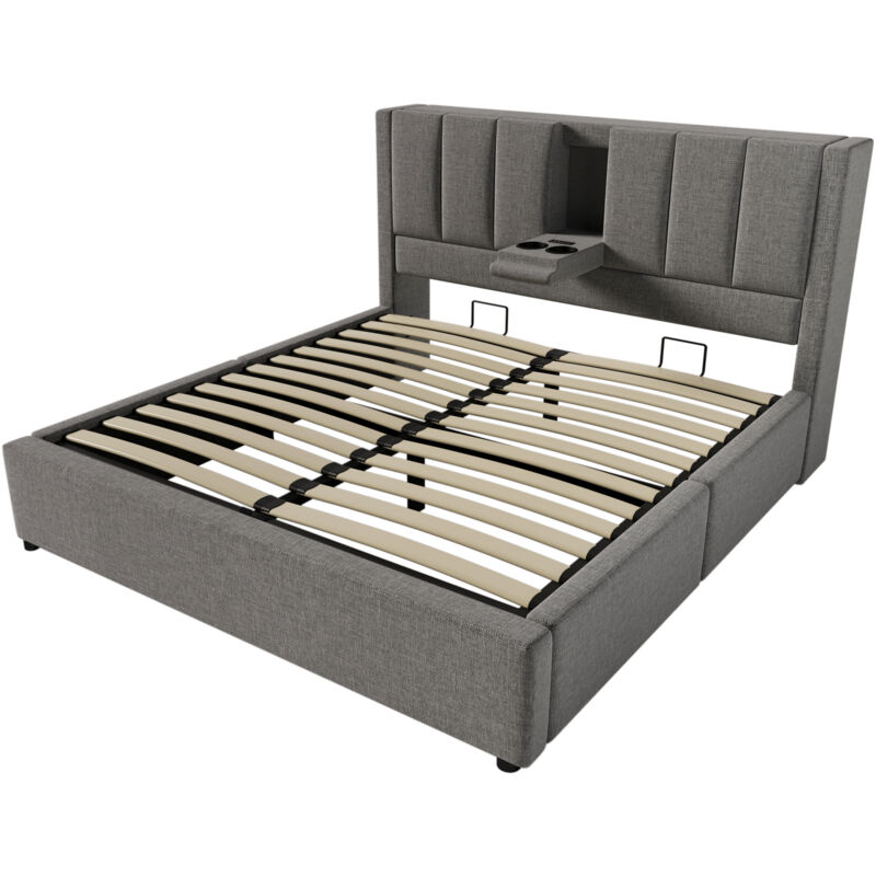 Lit Double 140x200 Avec Porte-gobelets Et Station De Charge Intégrés, Gris