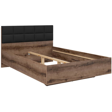 Lit double 140x200 avec tête de lit rembourrée noir ,coloris Chêne marron foncé - Longueur 206 x Profondeur 145 x Hauteur 42-98,5 cm