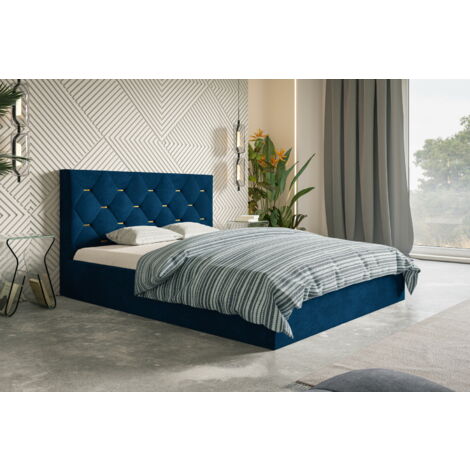 Lit double 140x200 Balma - Lit double avec Tiroir de Lit - accessoires dorés sur la tête de lit (Bleu - Kronos 09) + CADRE À LATTES EN MÉTAL
