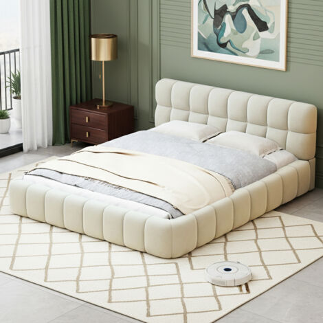 Lit double 140x200 cm à bulles rembourré, lit capitonné avec sommier à lattes et dossier souple, cadre de lit pour adolescents et adultes, plat, lin, beige, sans matelas