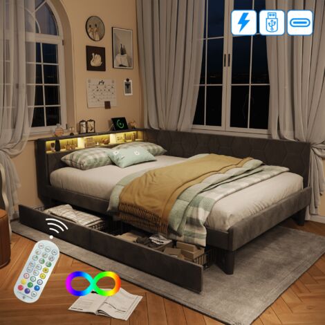 Lit double 140x200 cm avec 2 tiroirs, tête de lit capitonné avec éclairage LED et ports USB, canapé lit convertible, sommier à lattes en bois, velours, gris