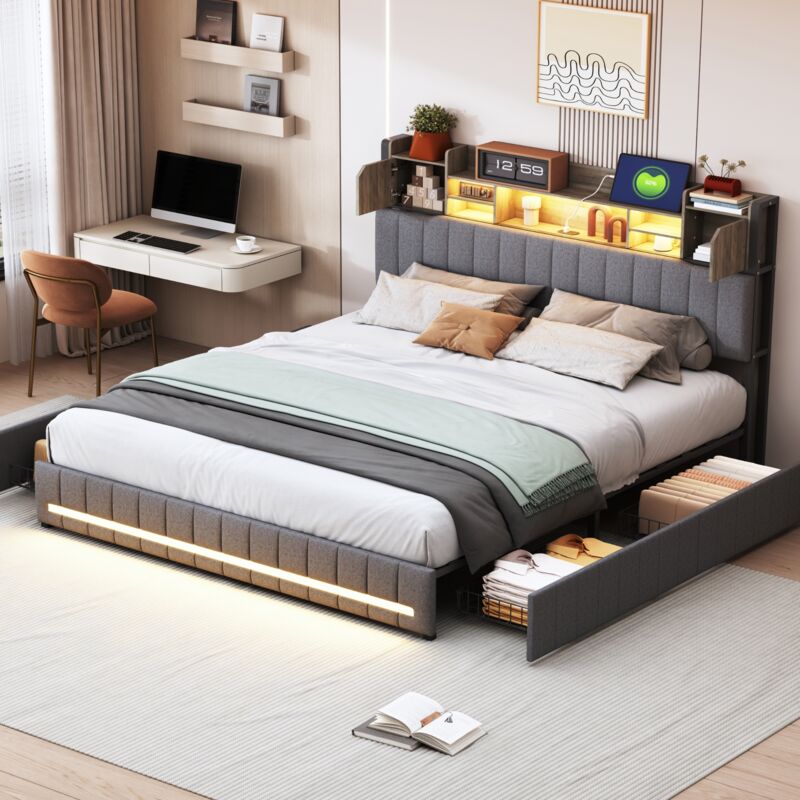 Lit double 140x200 cm, avec 4 tiroirs, chargement USB, éclairage LED, tables de chevet avec rangement, cloisons ouvertes, lin, sommier à lattes,Gris