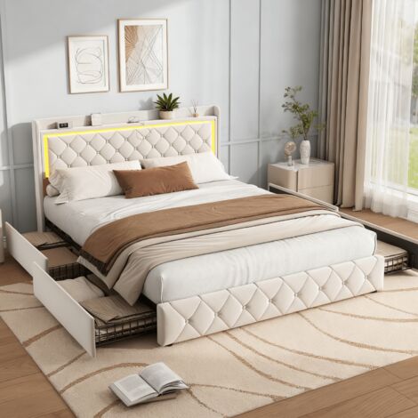 Lit double 140x200 cm avec 4 tiroirs, Lit 140x200 avec sommier LED et USB, Lit adulte avec tête de lit capitonné, Tissu en velours, Beige