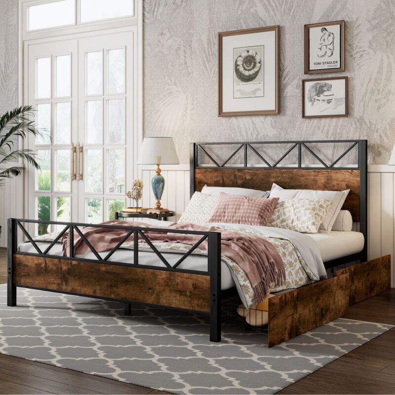 Lit double 140x200 cm, avec deux tiroirs de rangement, coloris bois vintage, structure métal, sommier à lattes, métal + mdf, adapté aux adolescents