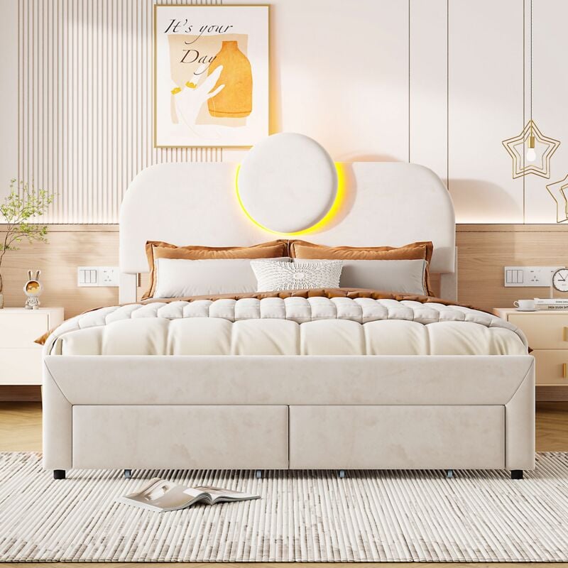 Lit double 140x200 cm, avec éclairage led, 2 tiroirs de rangement en bout de lit, velours, sommier à lattes, adapté aux adultes et adolescents - Beige