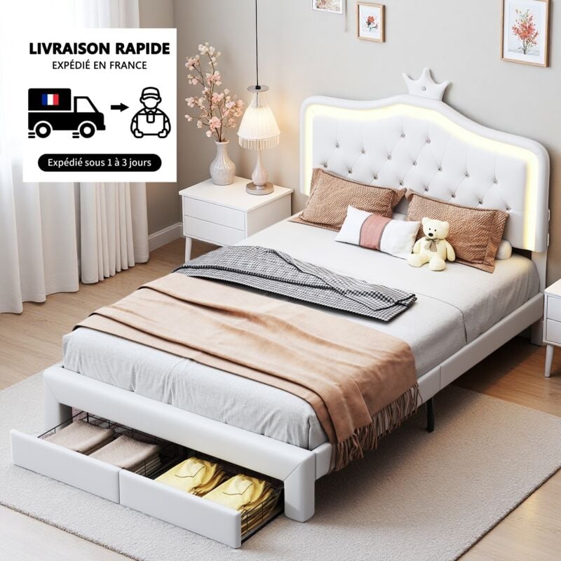 Lit double 140x200 cm, avec éclairage led, décoration couronne, avec deux tiroirs, pu, ​​sommier à lattes, adapté aux adolescents et enfants - Blanc