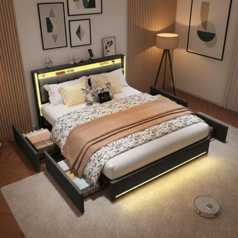 Lit double 140x200 cm avec éclairage LED et fonction de charge USB, lit capitonné avec 4 tiroirs rangement et sommier à lattes, lit 2 personne pour adultes et adolescents, gris