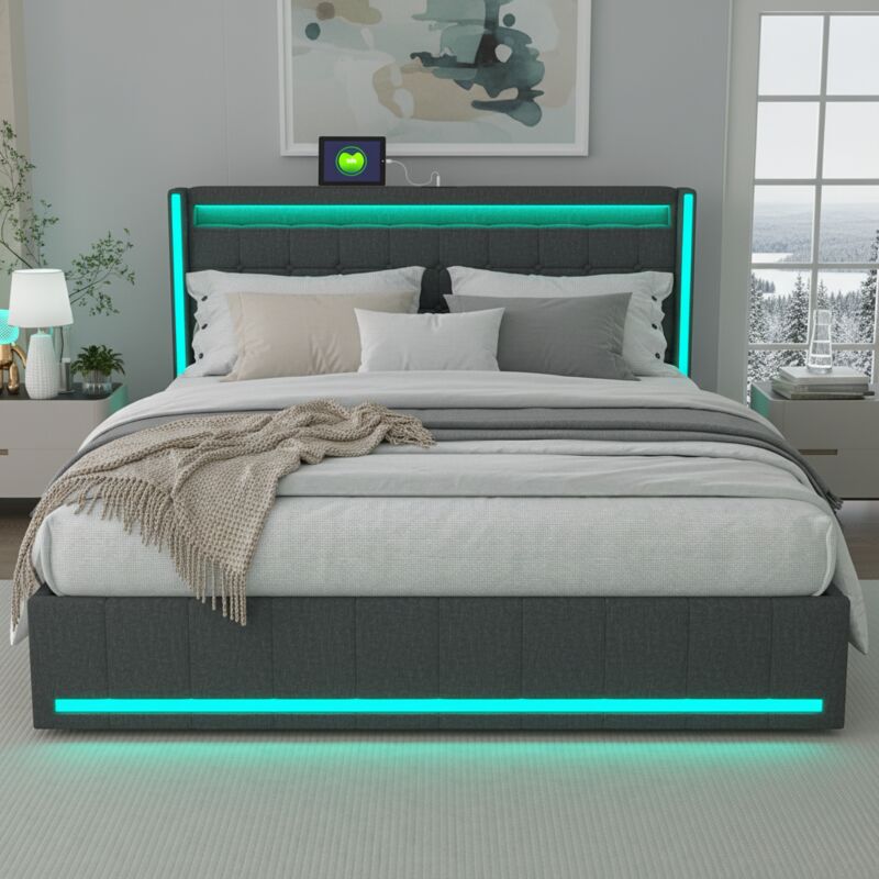 Lit Double 160x200 cm avec Éclairage LED RGB, Cadre de Lit Capitonné en Tissu Lin Gris avec 4 Tiroirs de Rangement et Port USB