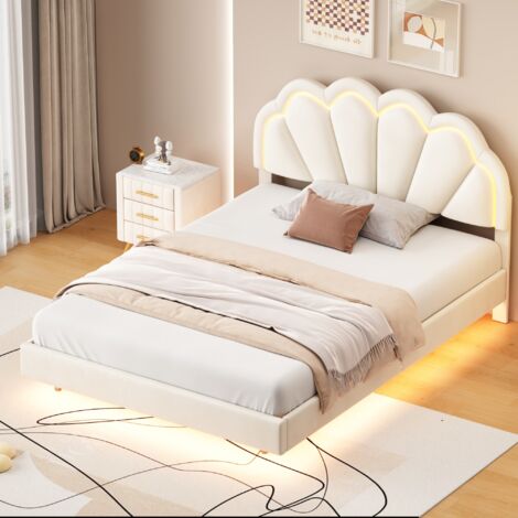 Lit double 140x200 cm, avec éclairage LED, tête de lit en forme de coquillage, sommier à lattes en bois, cadre en métal, lit capitonné en velours - Beige