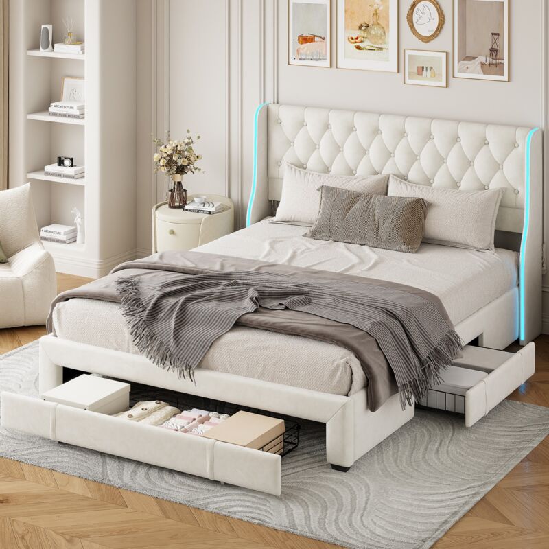 Lit double 140x200 cm, avec 3 tiroirs en fer, éclairage led, décoration boutons, velours, sommier à lattes, convient aux adultes et adolescents
