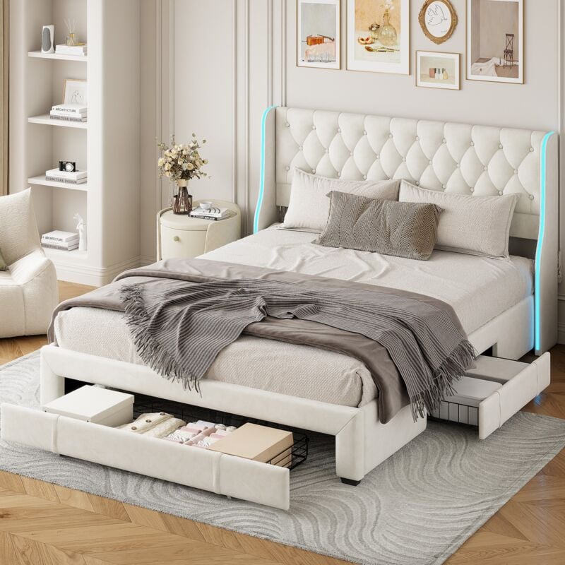 Lit double 160x200 cm, avec 3 tiroirs en fer, éclairage led, décoration boutons, velours, sommier à lattes, convient aux adultes et adolescents