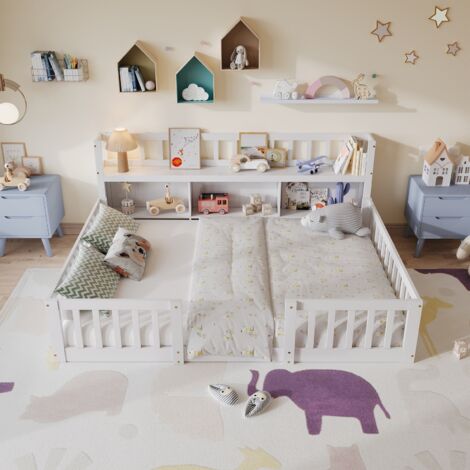 Lit double 140x200 cm avec étagères et barrières, Lit coffre enfant 2 Places, Cadre de lit d'Ado, sans matelas, blanc,pour chambre enfant