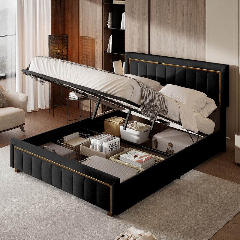 Lit double 140x200 cm avec fonction de rangement, tête de lit en velours, bordure dorée à rayures verticales, sommier à lattes, adapté aux adultes et