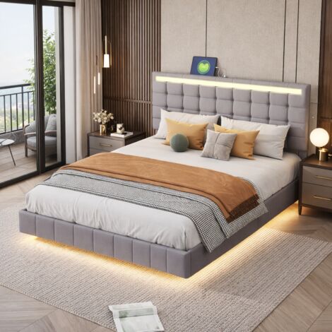 Lit Double 140x200 cm avec LED Intégrée et 2 Ports USB, Lit capitonné en Tissu de Lin, sommier à lattes et tête de lit, lit pour adolescents et adultes, Cadre de Lit, Gris