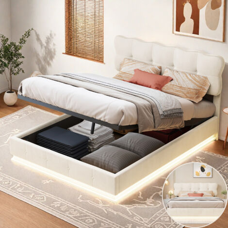 Lit double 140x200 cm avec LED, Lit coffre avec grand espace rangement hydraulique, Lit adulte rembourré avec Sommier, Cadre de Lit moderne, Velours, Beige