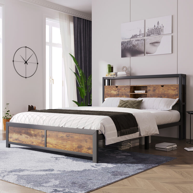 lit double 140x200 cm, tête de lit avec rangement, sommier à lattes, cadre de lit en métal, style campagne - marron