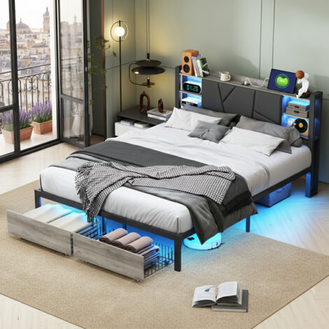 Lit double 140x200 cm avec tête de lit LED, étagère de rangement, port USB et prise de courant, cadre de lit en métal avec 2 tiroirs, adapté aux adolescents, noir, sans matelas