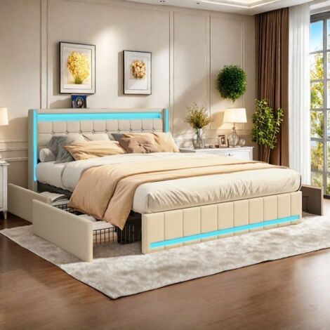 Lit double 140x200 cm avec USB LED - Lit 140x200 cm avec 4 tiroirs - Lit rembourré - Lit adulte 140x200cm - Sommier à lattes - Beige
