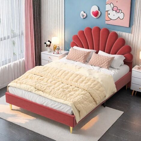 Lit Double 140x200 cm Capitonné, Tête de Lit Fleur Velours bordeaux, Pieds Dorés, Design Romantique
