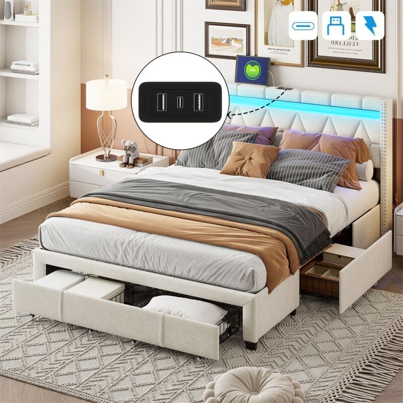 Lit double 140x200 cm, chevet avec éclairage led, fonction chargement usb, 4 tiroirs en fer, chevet en forme de losange, décoration rivets, sommier à